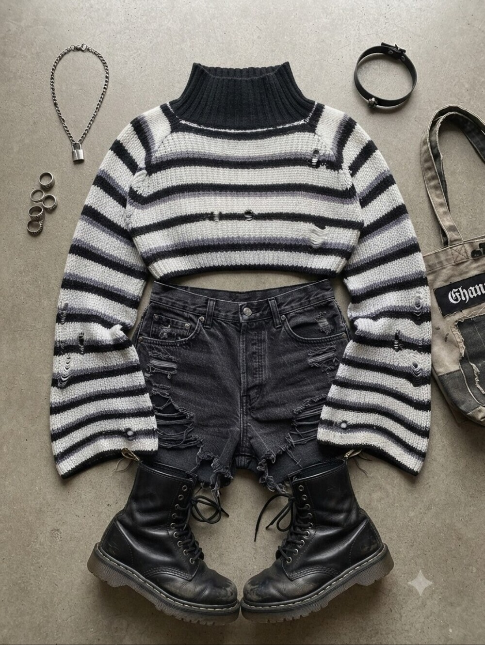 Distressed Grunge Striped Mock Neck Cropped Sweater